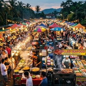 Colourful Phuket night market food stalls at dusk, part of a where to eat in Phuket food guide