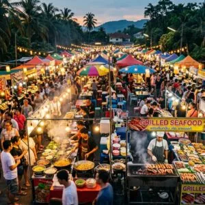 Colourful Phuket night market food stalls at dusk, part of a where to eat in Phuket food guide