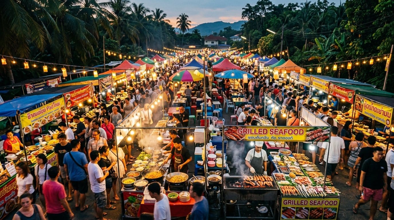 Colourful Phuket night market food stalls at dusk, part of a where to eat in Phuket food guide