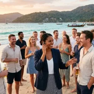 Worried About Group Travel Chaos? Our MICE Services Keep Everyone Happy Corporate group coordinator managing a large team on Patong Beach, Phuket — professional MICE travel services in Thailand