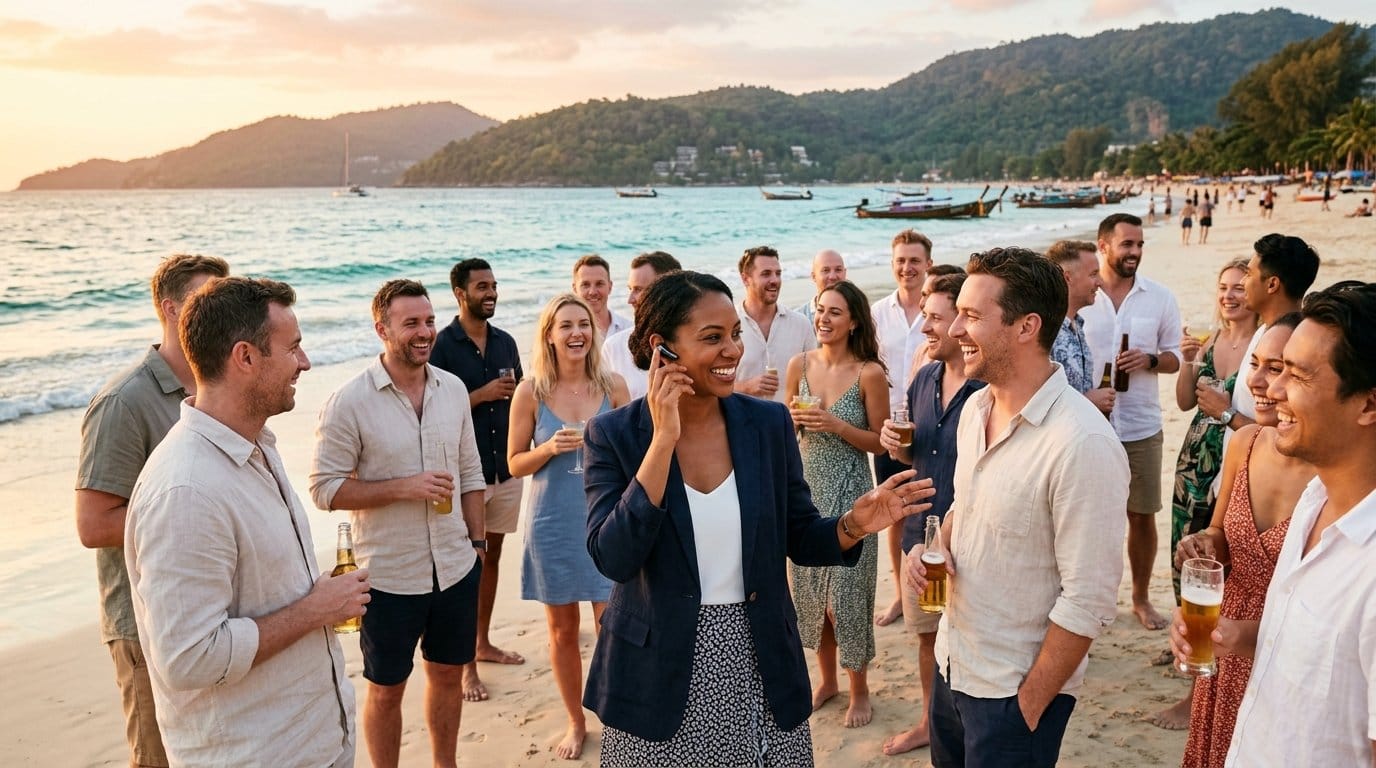 Corporate group coordinator managing a large team on Patong Beach, Phuket — professional MICE travel services in Thailand